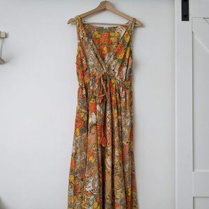 Orange Floral Pattern Silk Maxi Dress